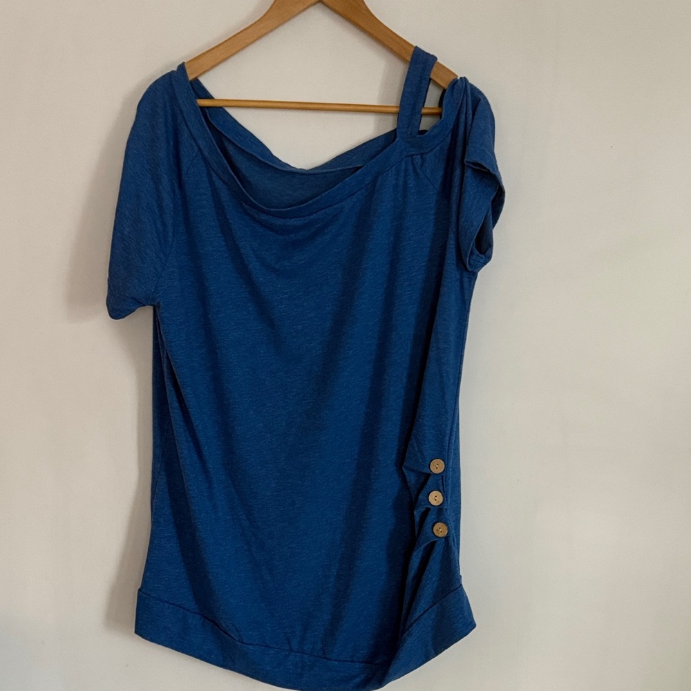 Women Blue Raglan Short Sleeves Left Side Button Ruched Pullover Top Size 2XL
